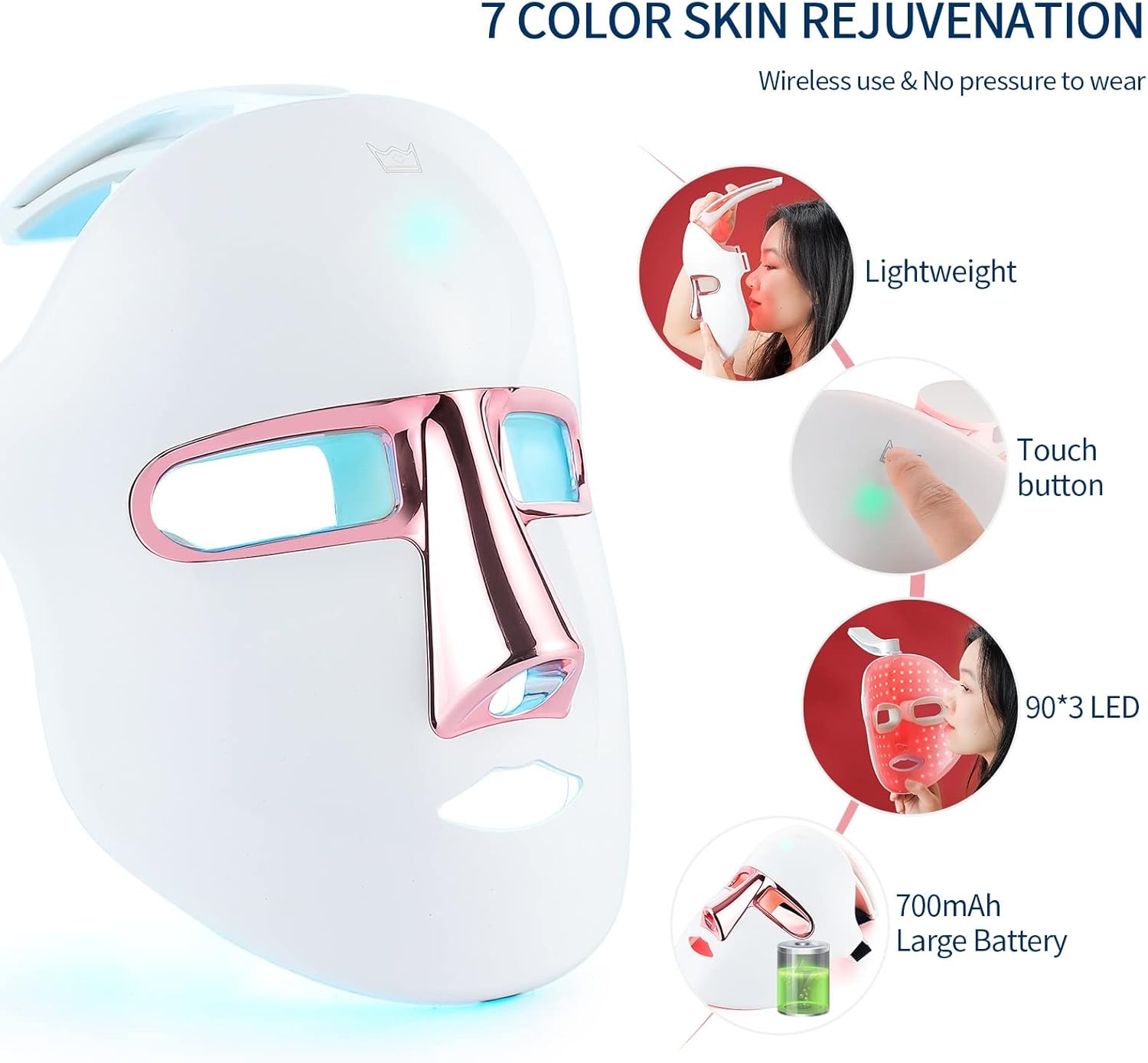 Wireless LED Mask 7 Colors with 270 Beads Rechargeable Red Light Therapy Face Mask Anti-Aging Rejuvenating Firming Smoothing Skin