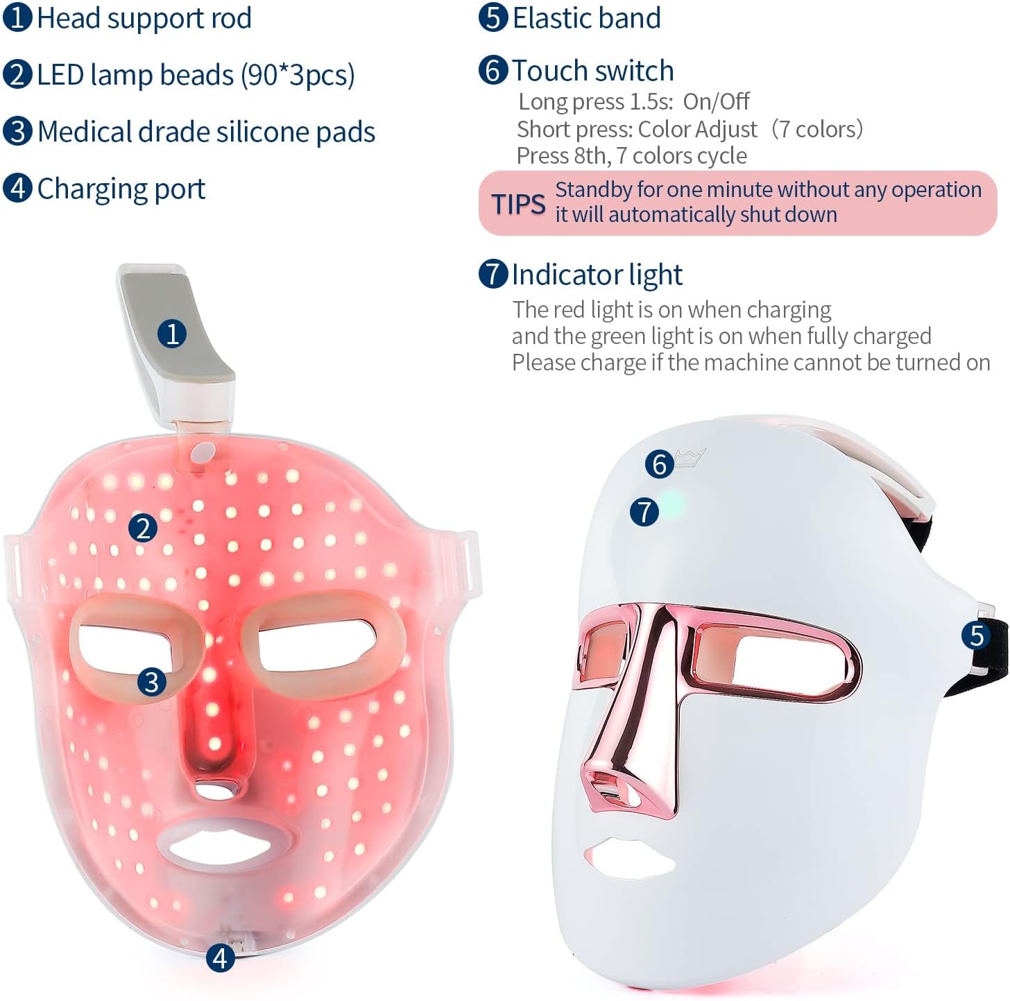 Wireless LED Mask 7 Colors with 270 Beads Rechargeable Red Light Therapy Face Mask Anti-Aging Rejuvenating Firming Smoothing Skin