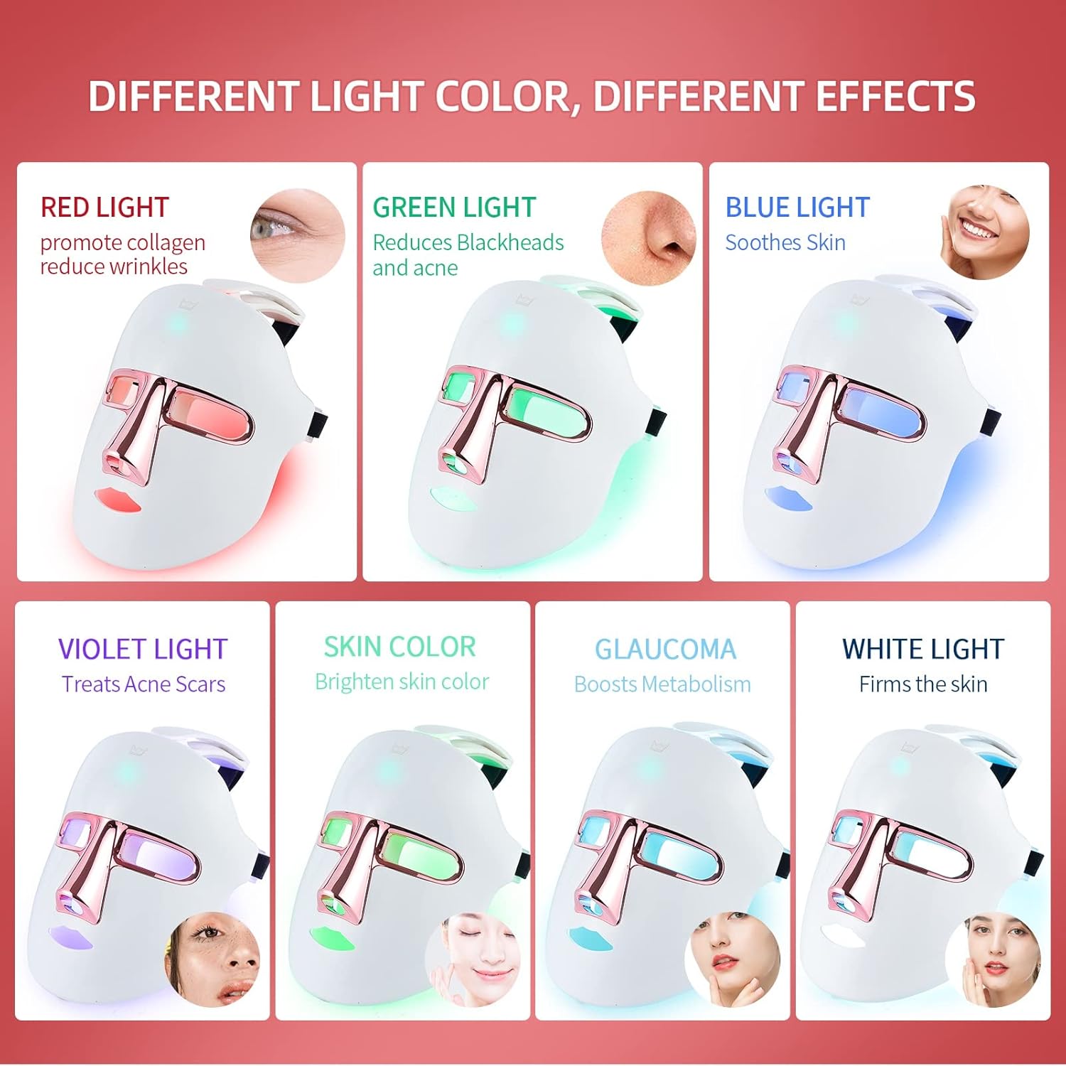 Wireless LED Mask 7 Colors with 270 Beads Rechargeable Red Light Therapy Face Mask Anti-Aging Rejuvenating Firming Smoothing Skin